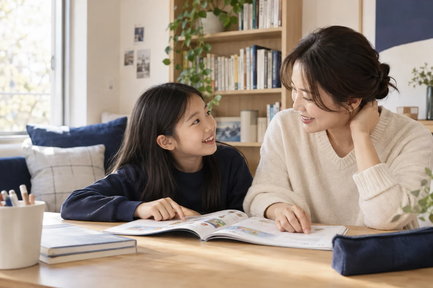 책을 보며 배움의 경험을 나누는 가상의 학부모와 아이